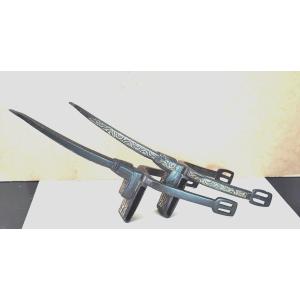 Pair Of Spurs, Fine Arab Damascened Ironwork, 19th Century