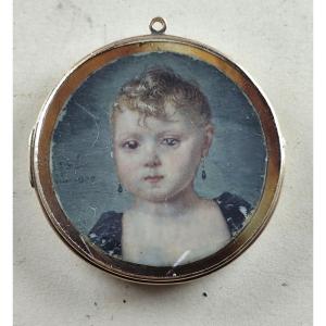 Minuscula: Portrait Of A Beautiful Child, 1st Empire Period, Fine Gold Frame, Wear And Tear