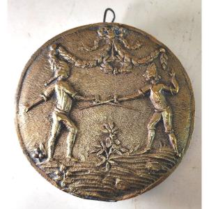 Lourde Plaquette bronze : Escrime, fin XIXe, 9cm, Ancien trophée