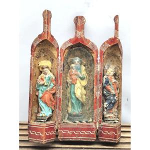 Chapelle, oratoire triptyque en bois sculpté et peint, Brésil, 19e siècle