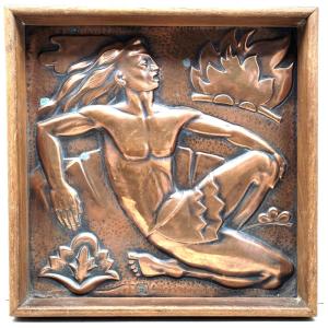 Maredsous Cspb Art Deco Plaque, Embossed Copper – Man And Fire,
