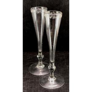Pair Of Large Blown And Engraved Glass Flutes, 18th Century. A Rare Design.