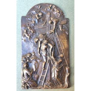 Descent From Cross, Bronze Plaque With Beautiful Relief, 18th Or 19th Century, 29 Cm