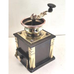 Luxueux Moulin à café en ébonite poli et laiton, grande Qualité, fin XIXe RARE