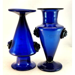 Pair Of Bordeaux-style Vases Made Of Blown Blue Glass, Late 18th Century