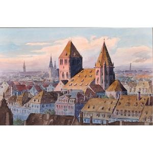 Fine Bird's-eye Watercolour Of Strasbourg, Saint Thomas District, Circa 1900