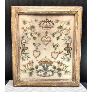 Religious Silk Embroidery With Gold And Silver Thread, Convent Work, 18th Century