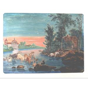 Grande gouache, paysage de gué au couchant. Fin XVIIIe - XIXe siècle
