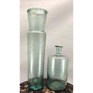  Apothecary Glassware, 18th Century, Forest-green Glass, Bluish, Caper Jar And Bottle