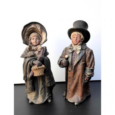 Bernhardt.bloch Signed: 2 Clay Figures: Children Disguised, 1890