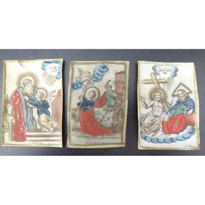 3 Pious Images, By F. Hubert, On Parchment Enhanced, Eighteenth, Dated, Annotated