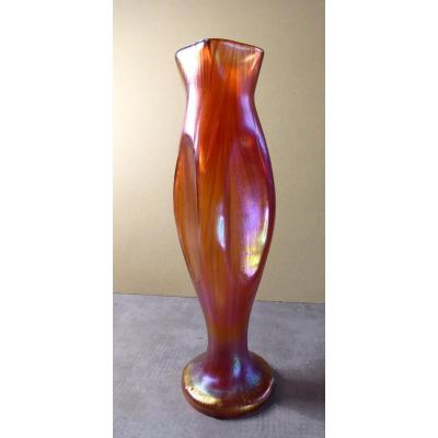 Loetz Rouge Irisé d'Or, Haut Vase Verre Art Nouveau -B-