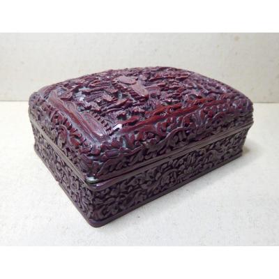 Fully Engraved Cinnabar Red Chinese Lacquer Box, 19th Century