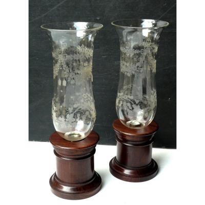 Pair Of Tall Tealight Candlesticks, Rosewood And Etched Glass