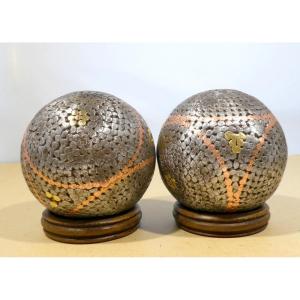 Pair Of Nineteenth Studded Lyonnaise Balls, Tricolor. 19th Century