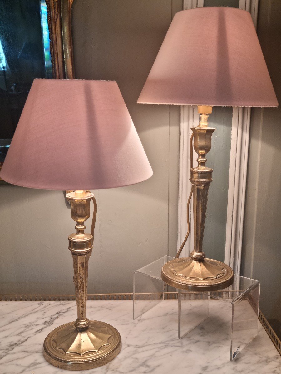 Pair Of Directoire Period Candlesticks In Bronze Mounted In Lamp