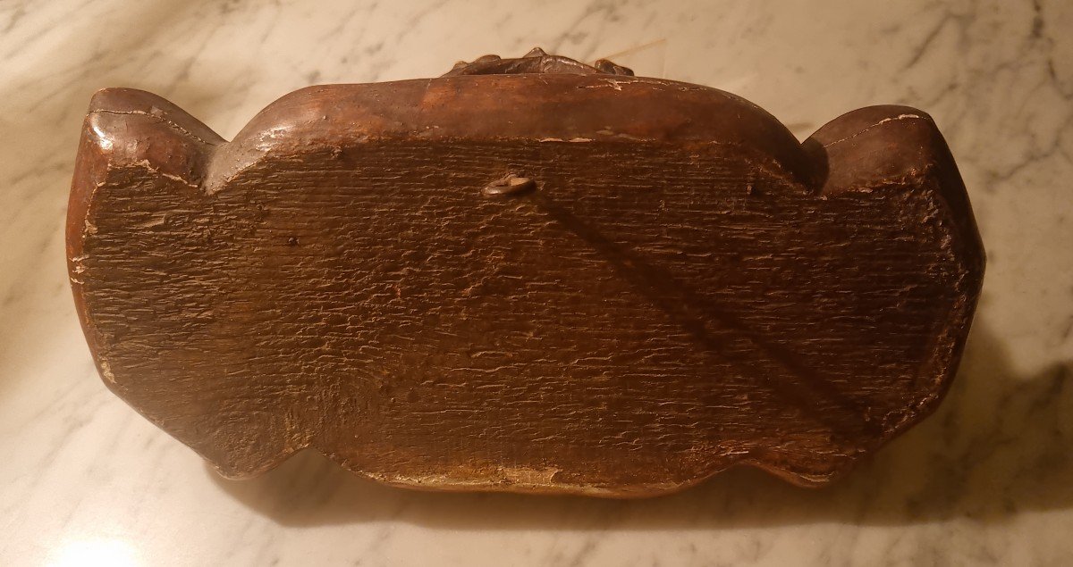Bénitier d'époque XIXème En Bois Et Stuc Doré Et Peint-photo-2