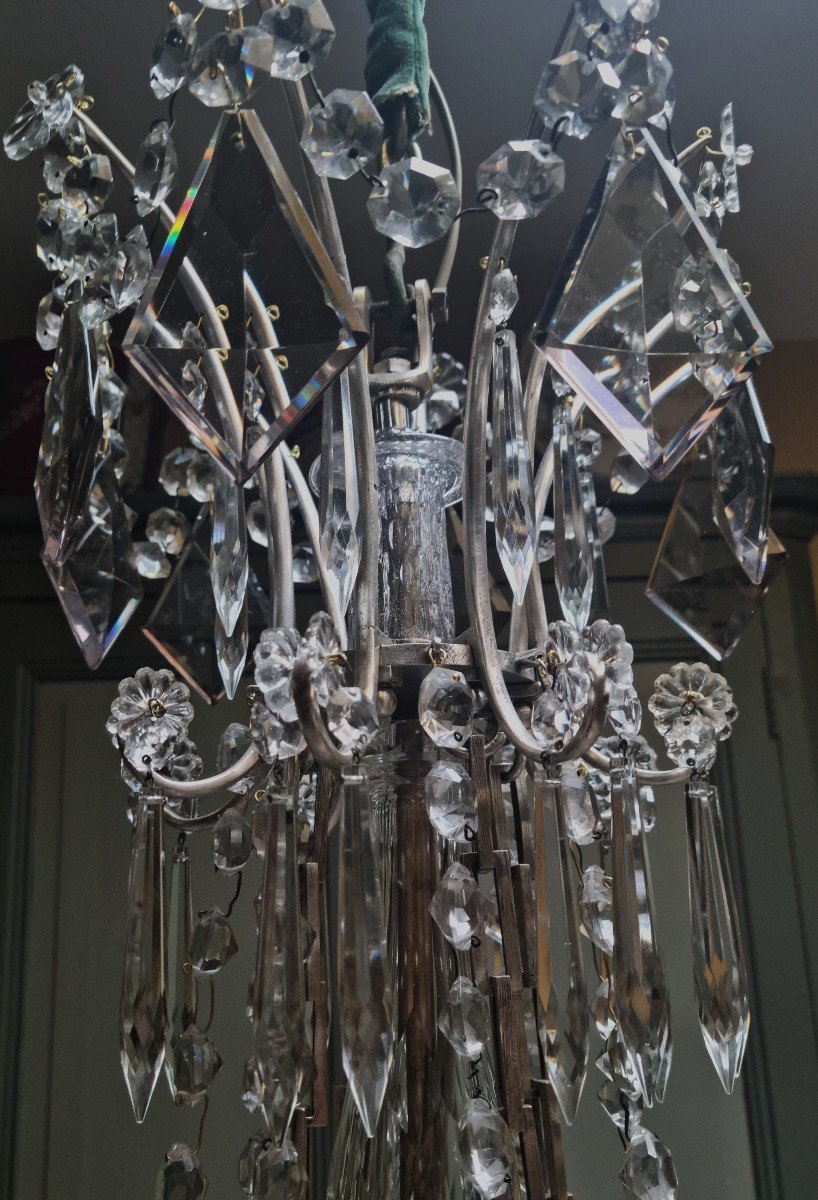 Lustre En Bronze Argenté Et Cristal Début XXème-photo-4