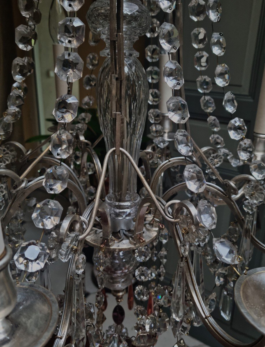 Lustre En Bronze Argenté Et Cristal Début XXème-photo-1