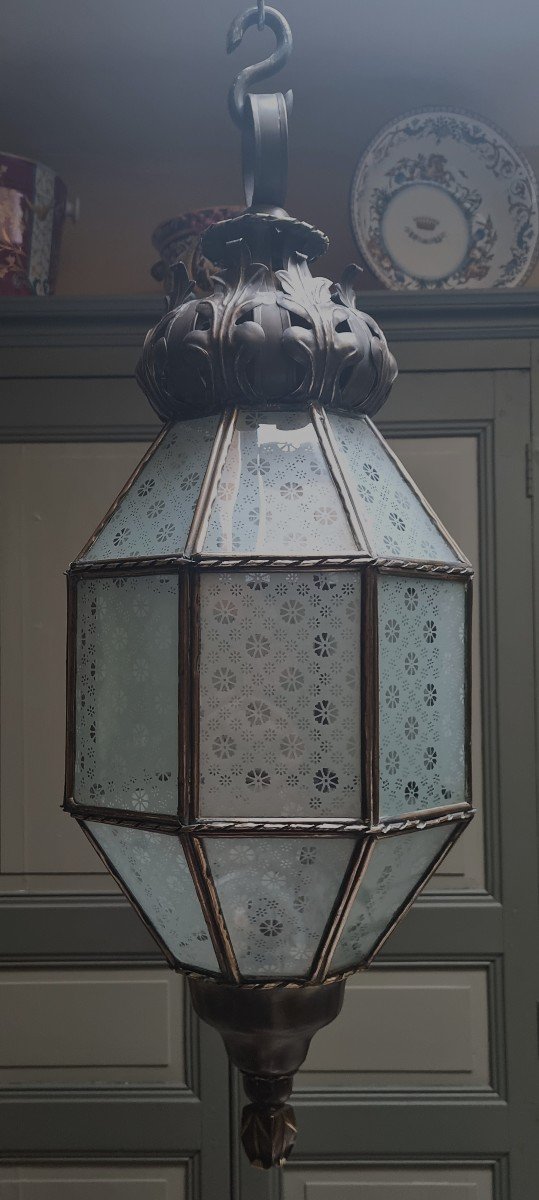 Important Lantern Early 20th Century In Brass And Glass.