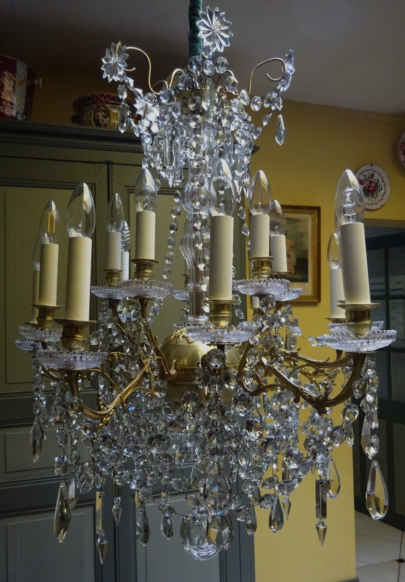 Bronze And Crystal Chandelier 15 Lights Mid 19th Century-photo-2