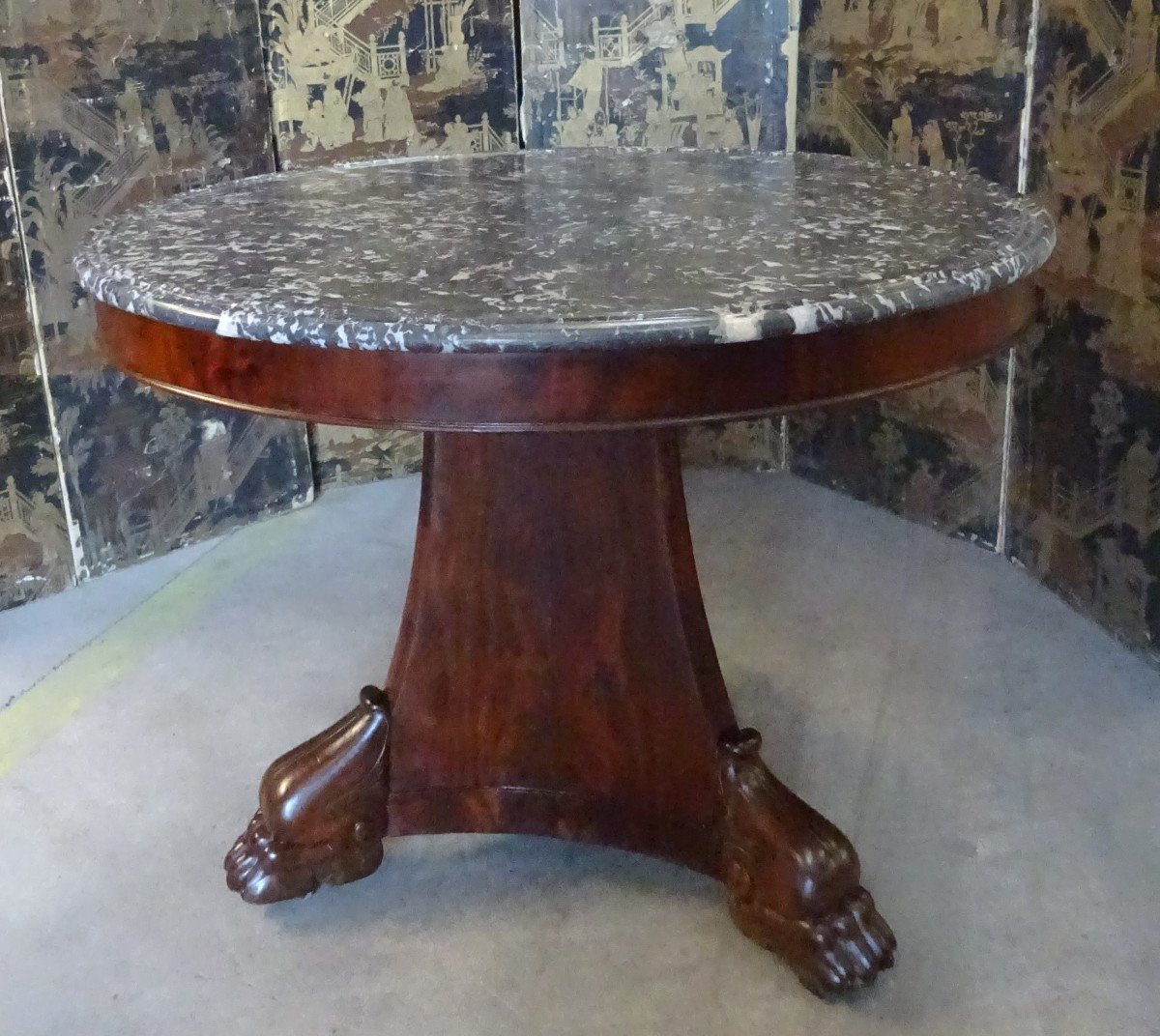 Grand Guéridon d'époque Restauration En Acajou Dessus Marbre