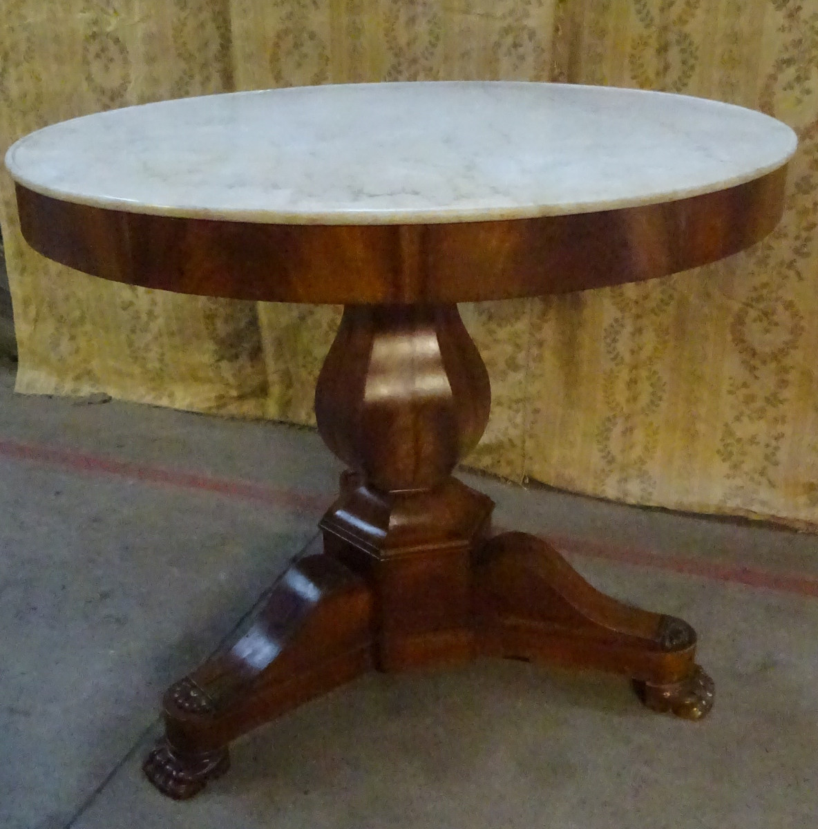 Restoration Period Pedestal Table In Walnut With Marble Top
