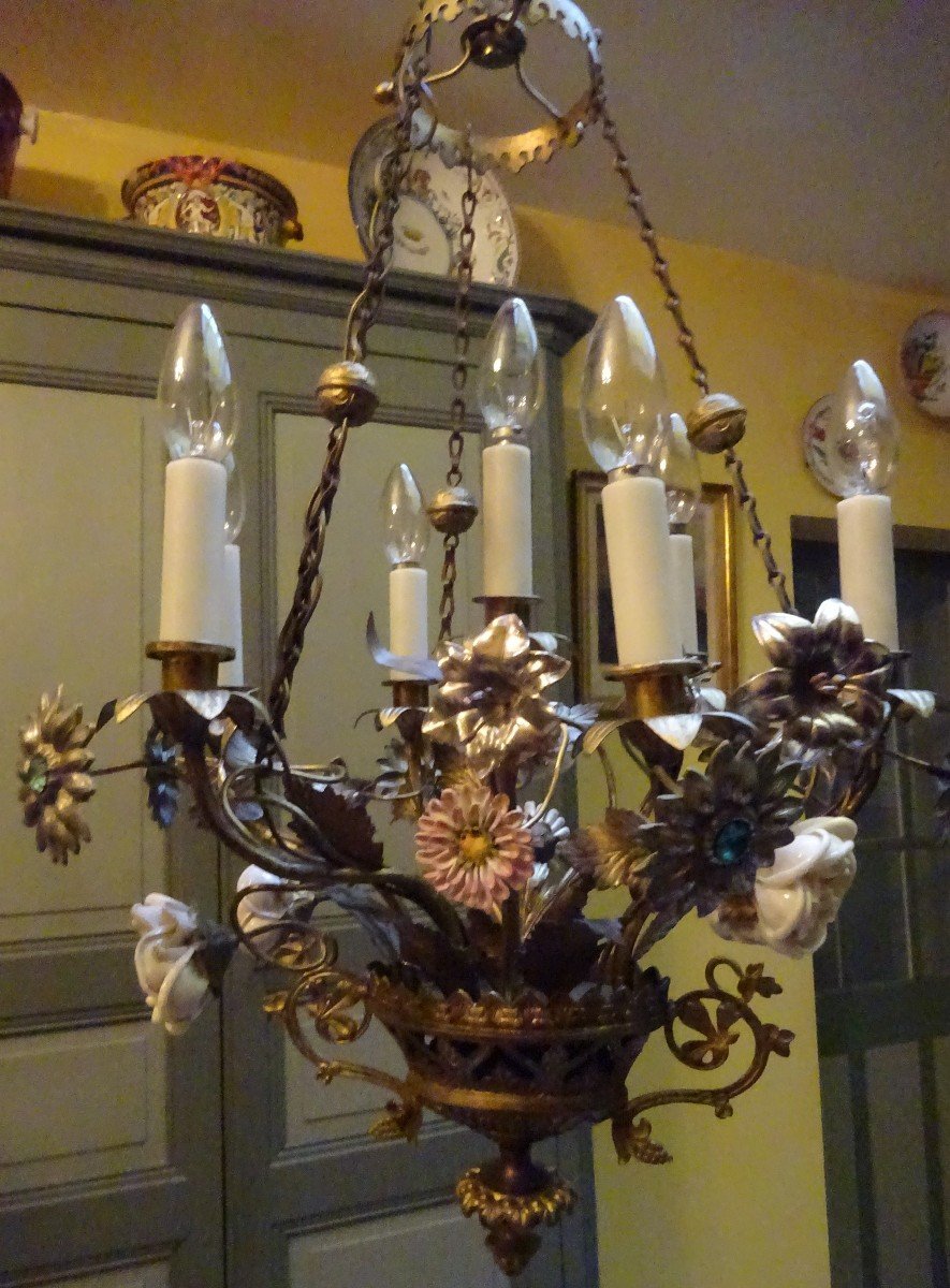 Lustre En Bronze à Décor d'Une corbeille  De Fleurs  Fin XIXème-photo-1