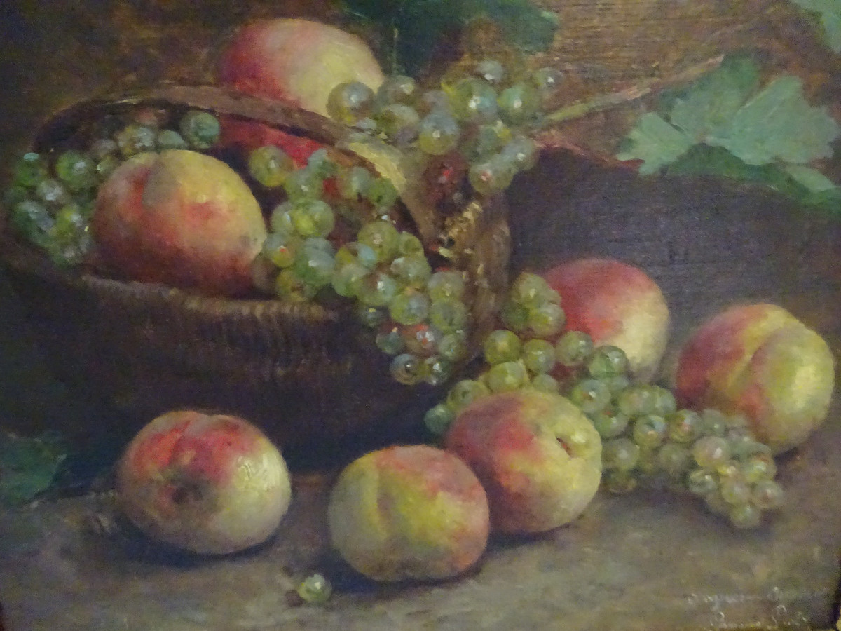 Tableau Huile Sur Toile Représentant Un Panier De Pêches Et Raisins Fin XIXème-photo-2