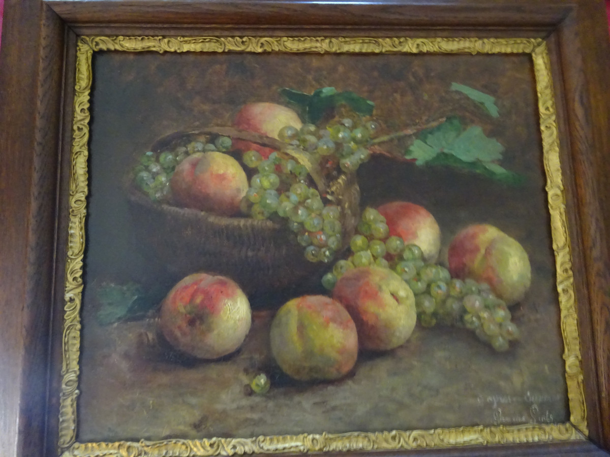 Tableau Huile Sur Toile Représentant Un Panier De Pêches Et Raisins Fin XIXème-photo-1