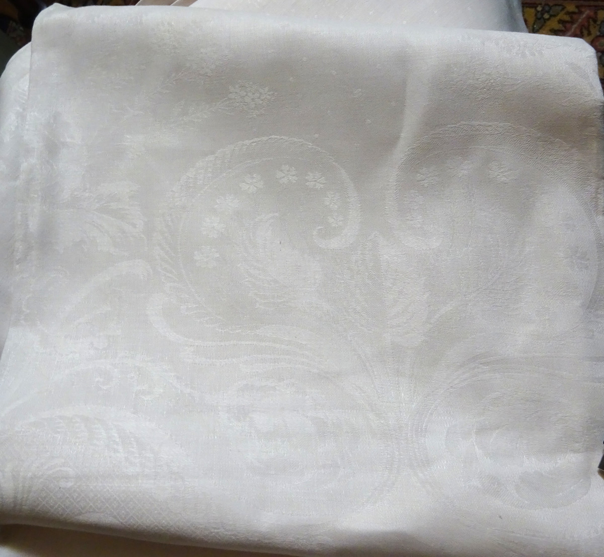 Grande Nappe Rectangulaire En Damassé à Décor Floral Art Nouveau-photo-2