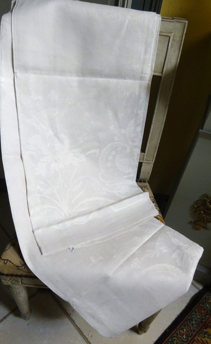 Grande Nappe Rectangulaire En Damassé à Décor Floral Art Nouveau-photo-3