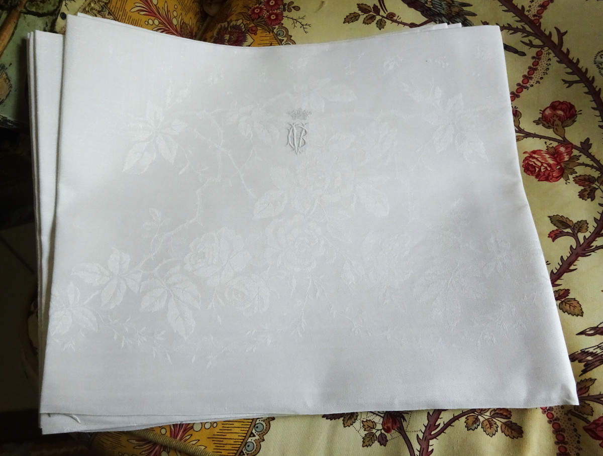 Set Of Six Large 19th Century Damask Napkins With Numbers And Crowns 