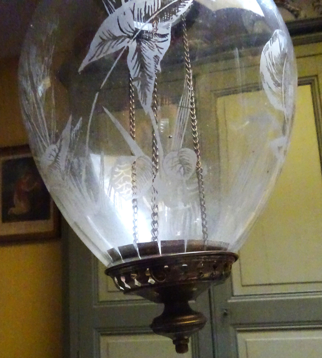 Petite lanterne ou suspension en verre gravé fin XIXème-photo-2