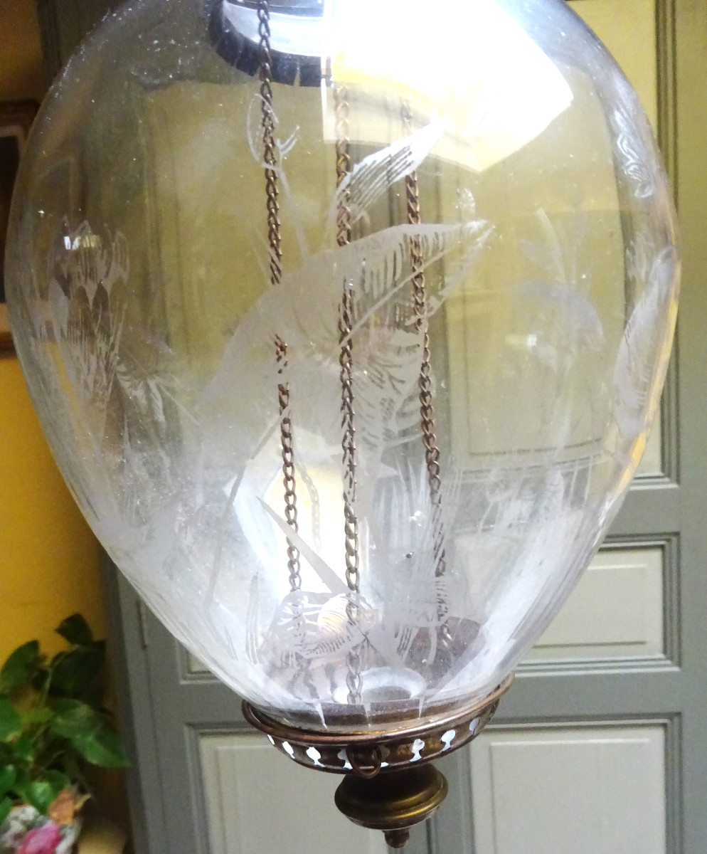 Petite lanterne ou suspension en verre gravé fin XIXème-photo-3