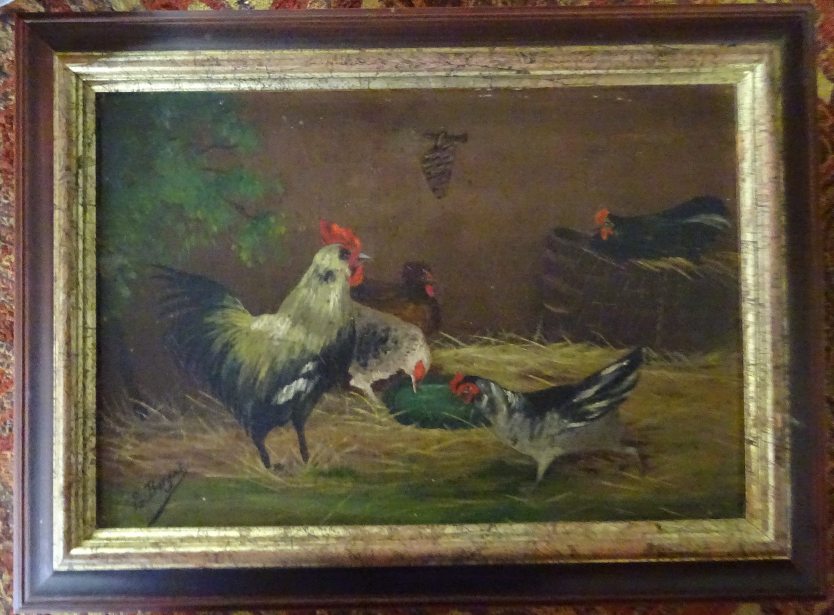 Petite peinture fin XIXème représentant un poulailler 