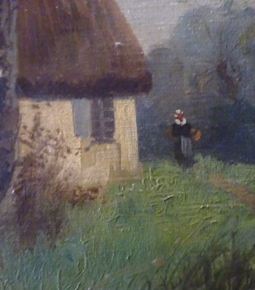 Painting Representing A Cottage By The Water, Late 19th Century-photo-2