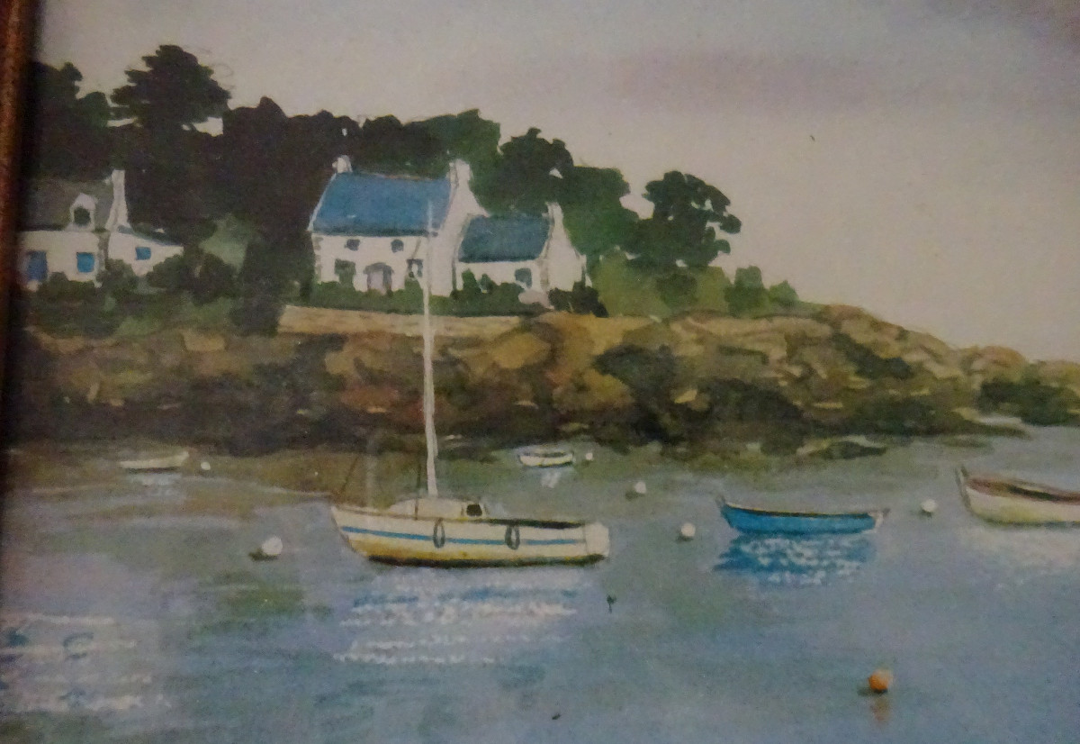 Watercolor Seaside Landscape With Boats In A Cove, Early 20th Century-photo-2