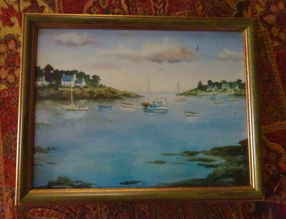 Watercolor Seaside Landscape With Boats In A Cove, Early 20th Century
