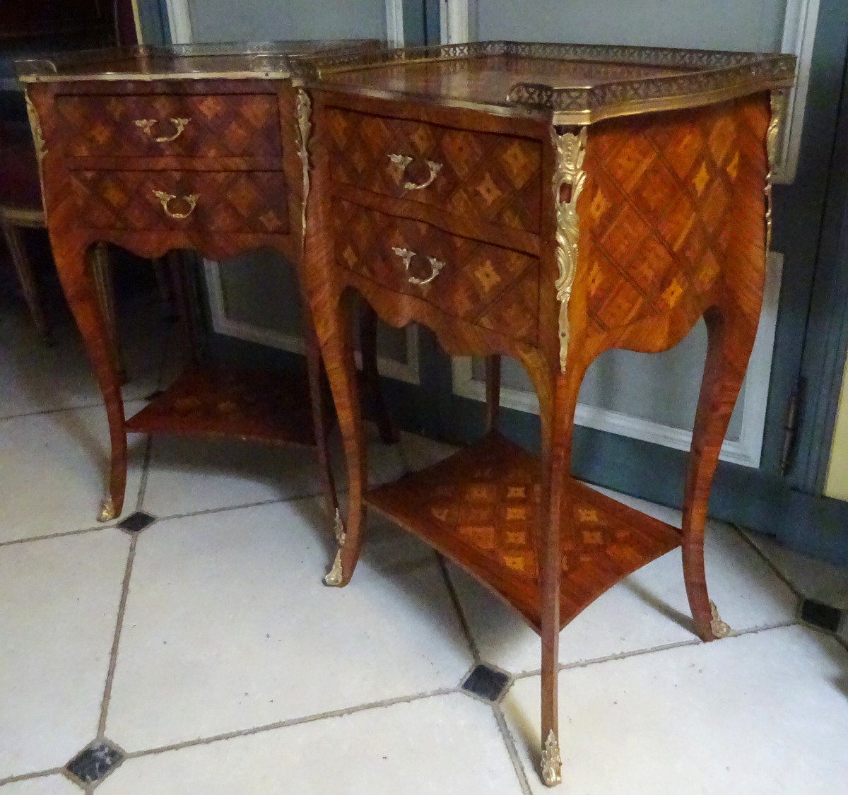 Pair Of Small Louis XV Style Marquetry Chests Of Drawers Or Bedside Tables