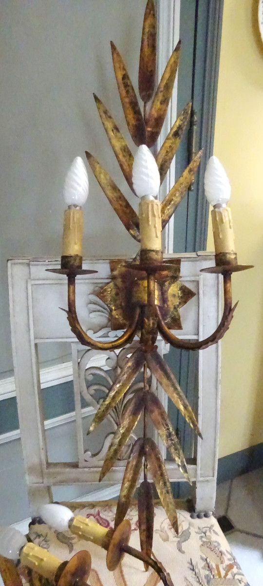 Pair Of Large 1960s/70s Gold-plated Metal Wall Lights-photo-2