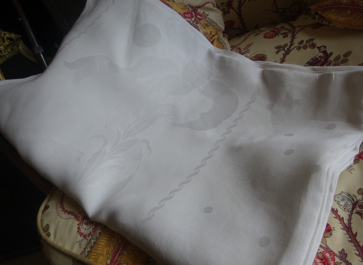 Grande nappe blanche en damassé début XXème-photo-2