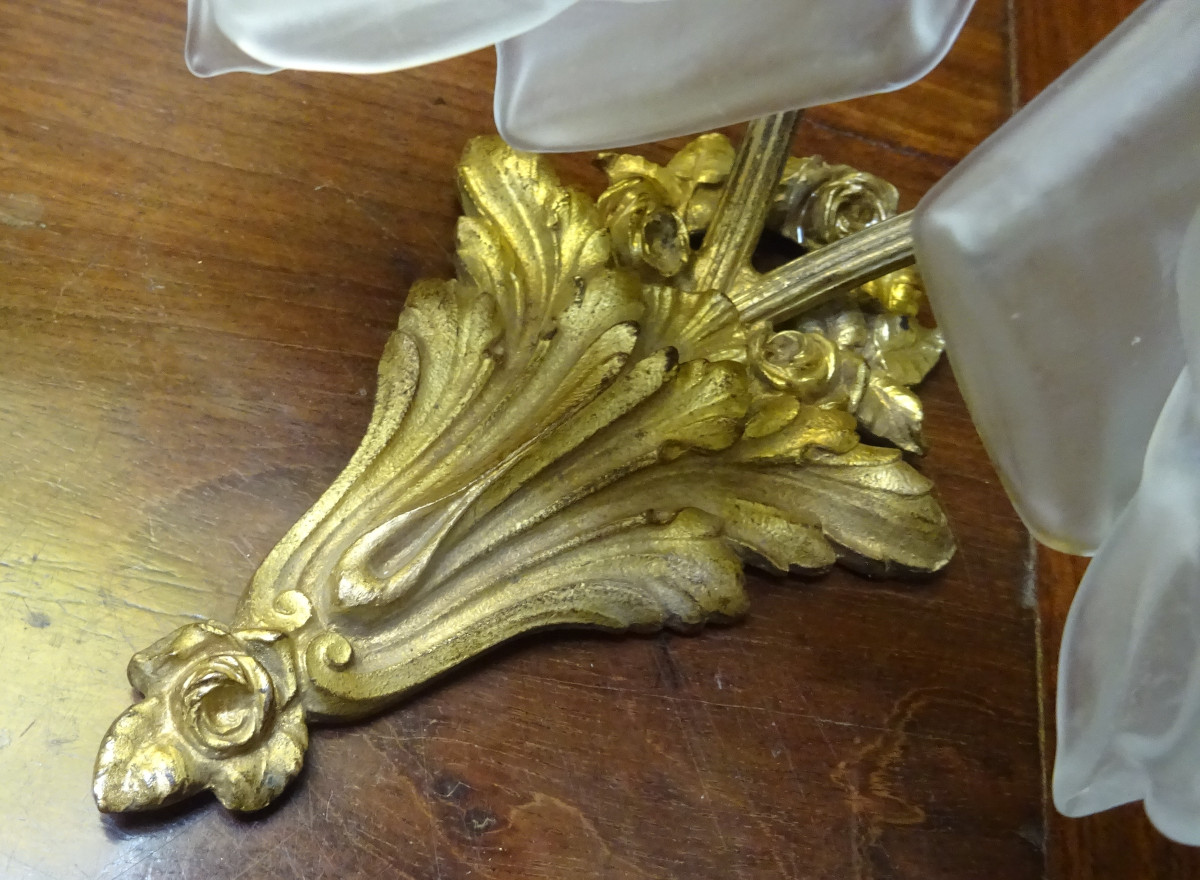 Pair Of Small Bronze And Glass Wall Sconces Dating From 1900-photo-4