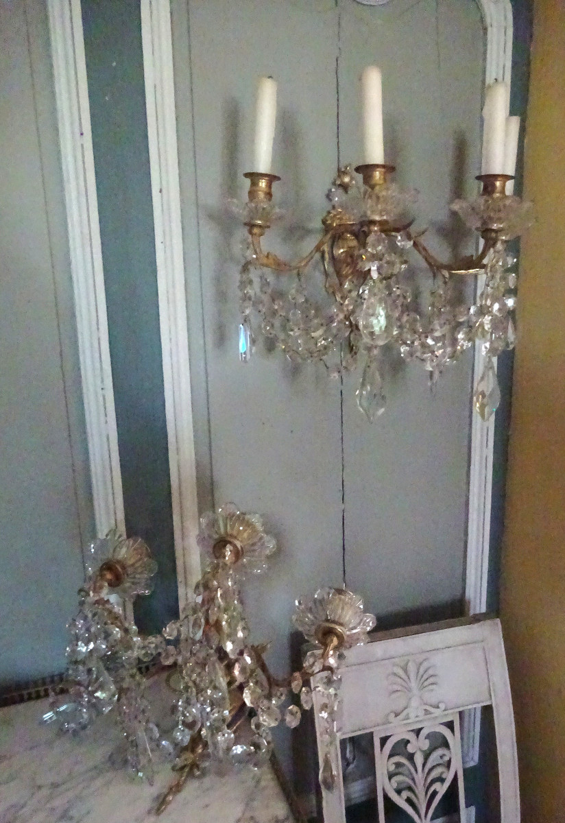 Paire d'appliques  XIXème en bronze et cristal-photo-2