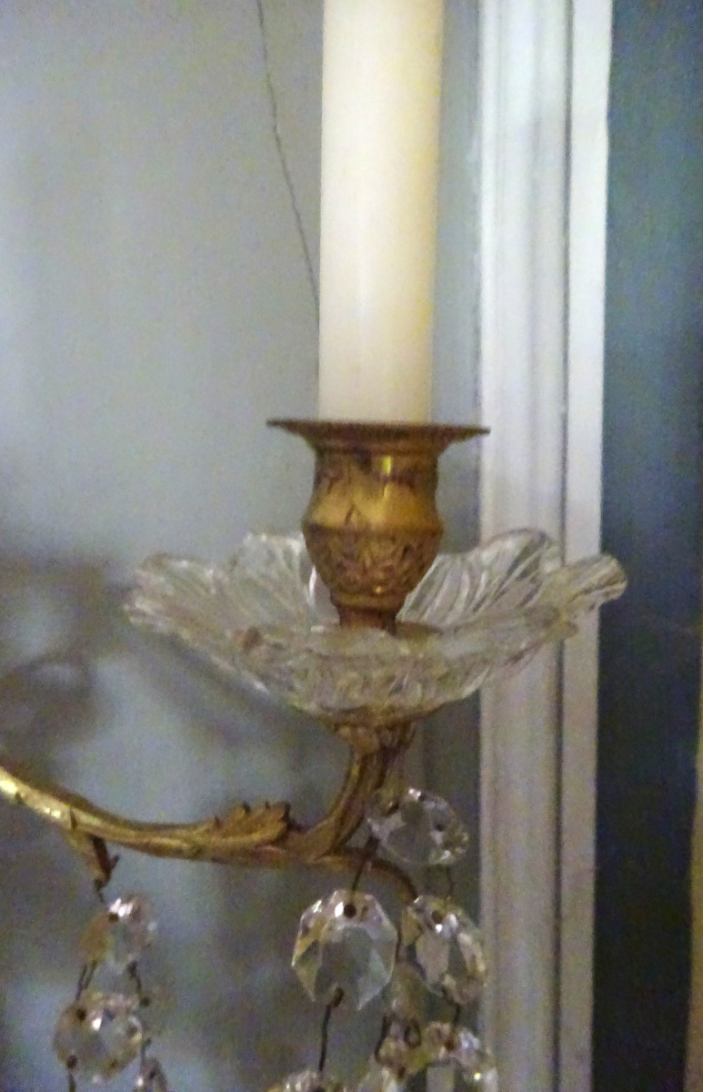 Paire d'appliques  XIXème en bronze et cristal-photo-4