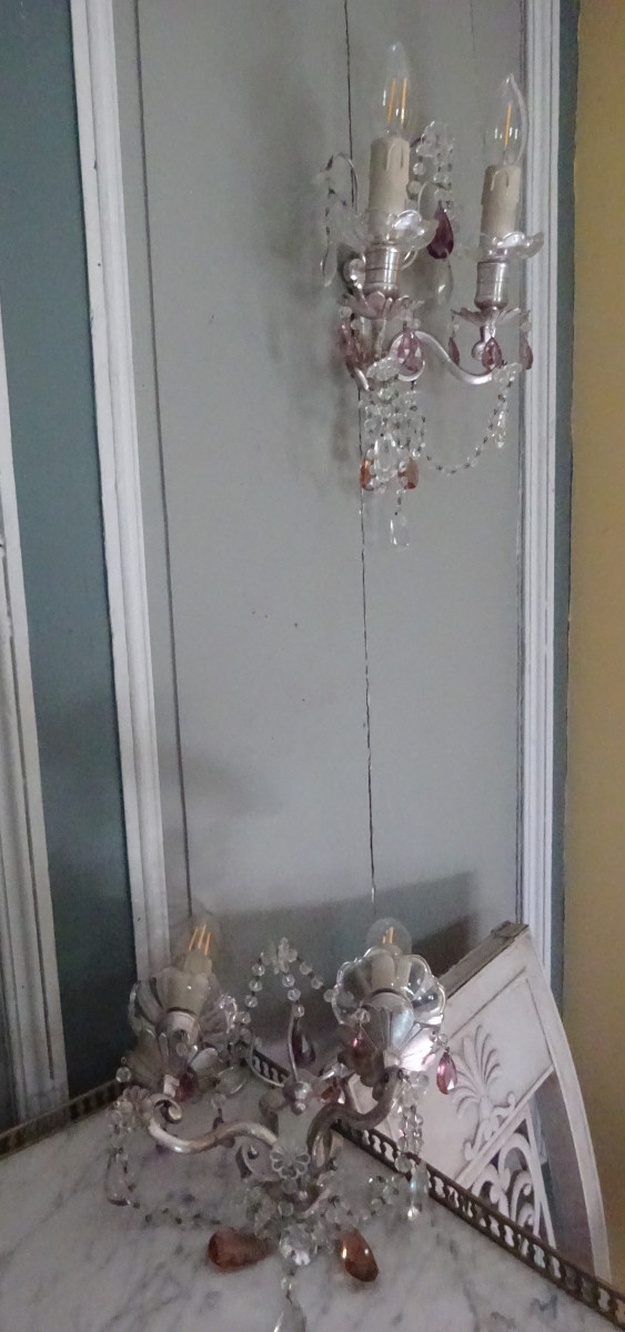 Paire de petites applique en bronze argenté garnies de cristaux-photo-2