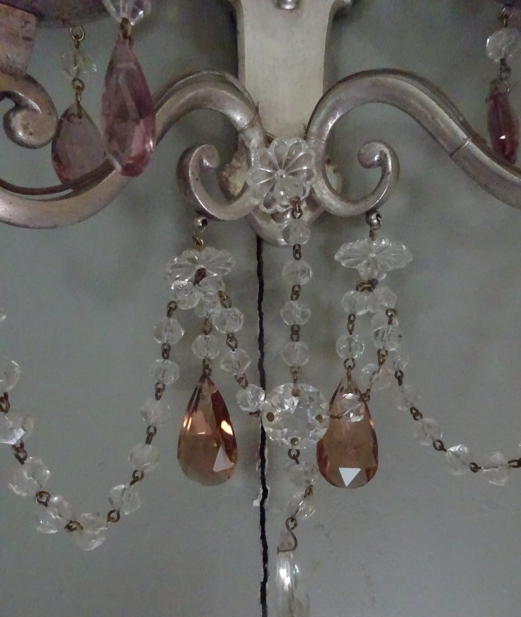 Paire de petites applique en bronze argenté garnies de cristaux-photo-4