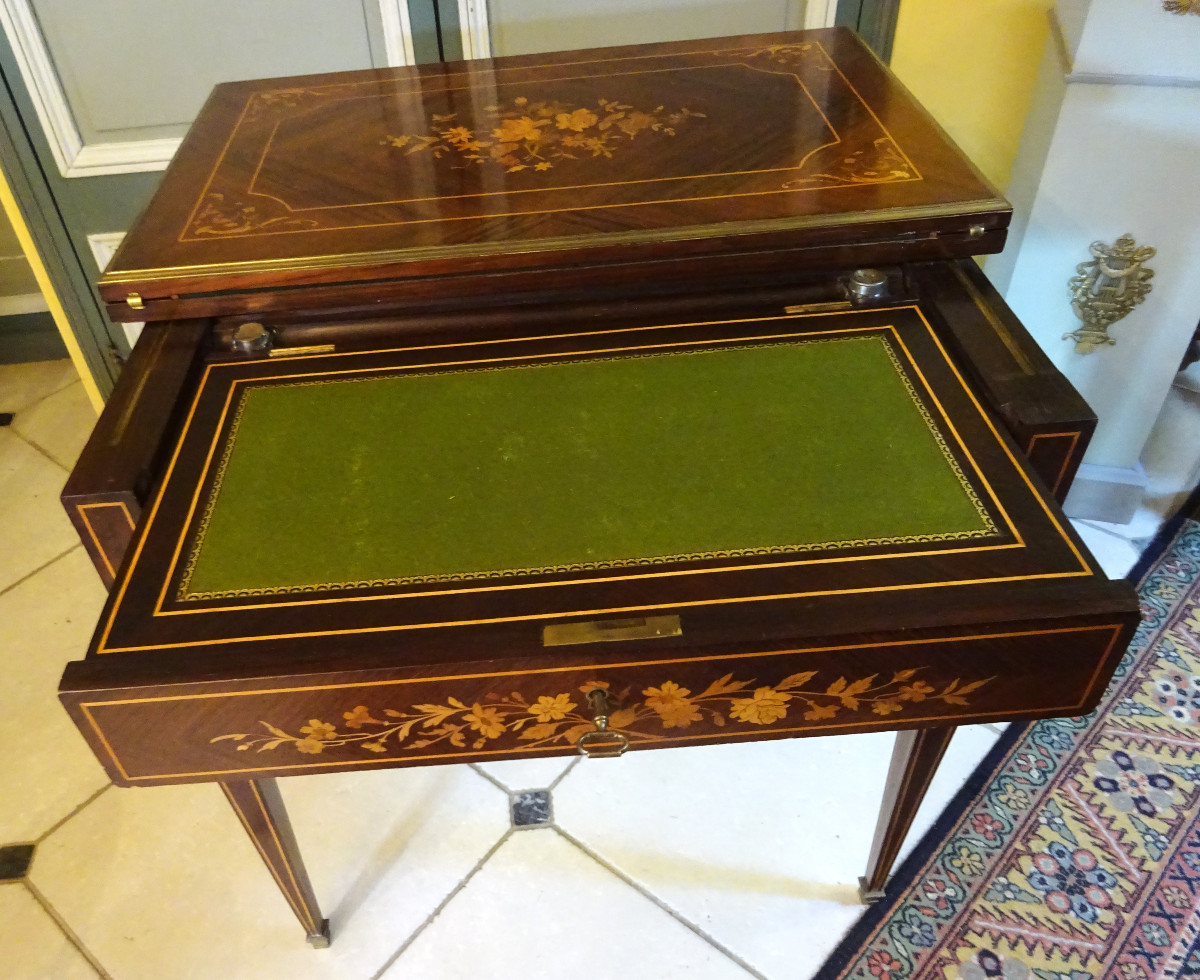 table à jeu formant écritoire en marqueterie époque Napoléon III-photo-2