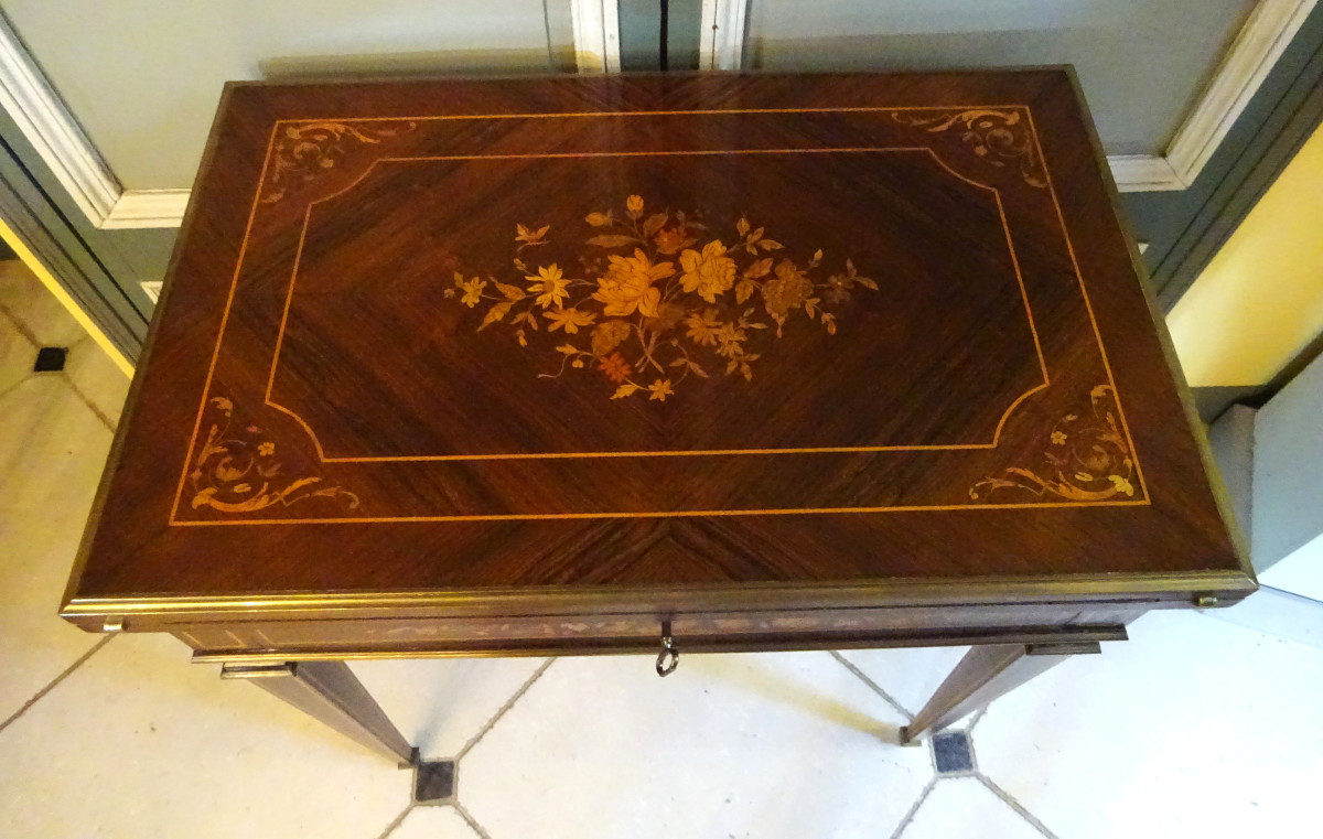 table à jeu formant écritoire en marqueterie époque Napoléon III-photo-1