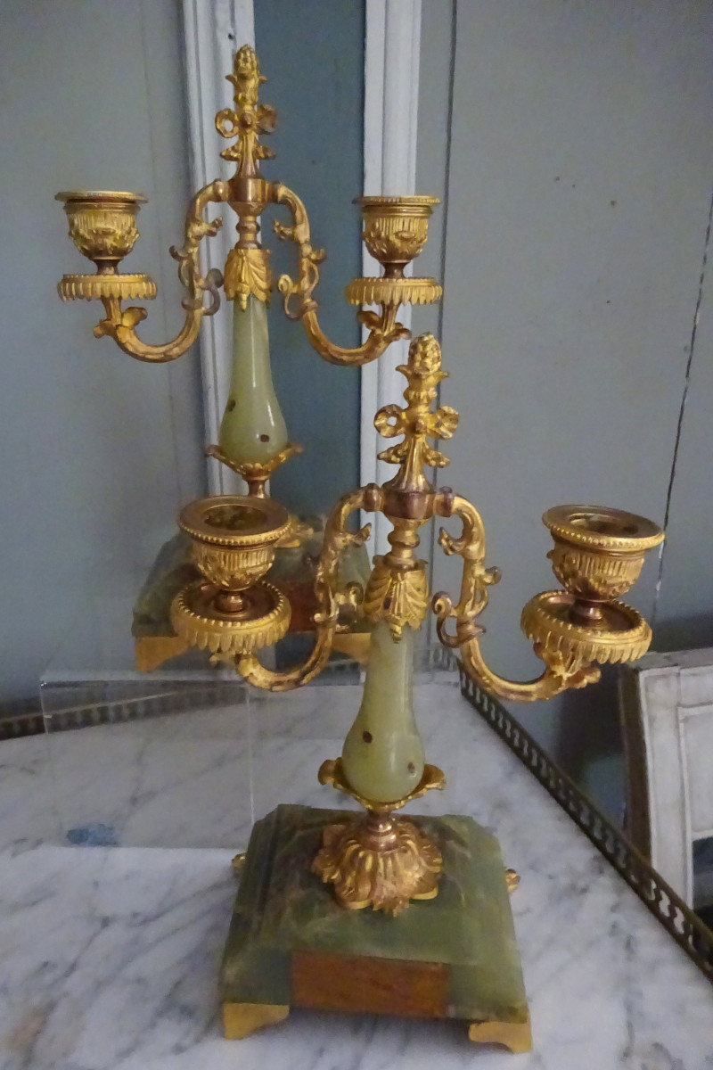 Paire de petits candélabres en onyx vert et bronze doré XIXème-photo-2